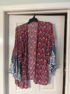 Red Floral Open-Front Kimono Cardigan with Blue Border